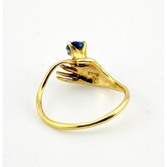Hand Holding a Sapphire 14k Gold Ring - Estate Vintage Figural Jewelry - Picture 5 of 5